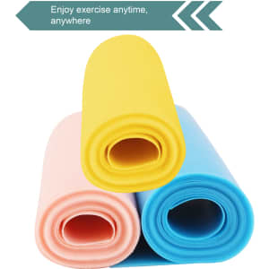 A collection of three fitness resistance bands in yellow, pink, and blue, featuring a branding logo.
