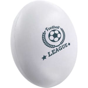 A white tablet-shaped stress reliever featuring a football design and logo.