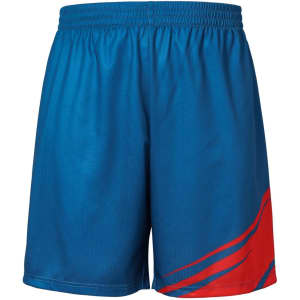 Blue and red unisex shorts made of 100% polyester, featuring a design with a logo.