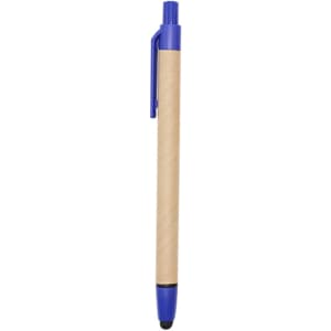 A stylus pen with a brown paper barrel and blue accents, featuring a touch head and clip. It has a logo.