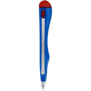 A blue ballpoint pen designed in the shape of a knife, featuring a red cap and a silver clip.