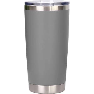 A drink bottle in grey with a stainless steel double wall and a clear lid. It features a branding logo.