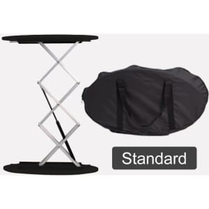 A black display counter with a collapsible frame and a carrying bag. The counter features a smooth top surface.