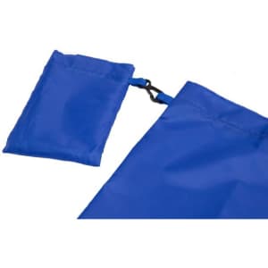 A blue foldaway shopping bag with a clip, folded and secured in a compact pouch.