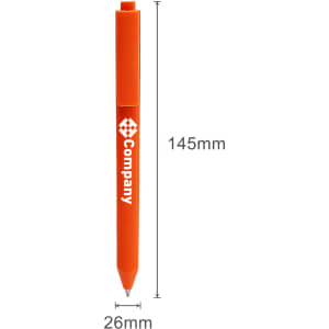 An orange triangular grip pen with a clip and branding. Dimensions are 145mm in length and 26mm in width.