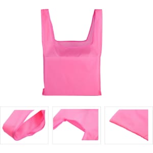 A pink reusable foldaway shopping bag with a square design and handles, featuring a logo.