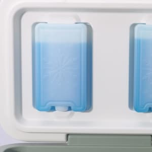 A 22L cooler box featuring blue ice packs inside a light grey container, with a white lid. It has a branding logo.