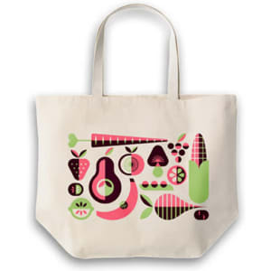A cream calico bag with a gusset featuring a vibrant fruit and vegetable print, along with a branding logo.