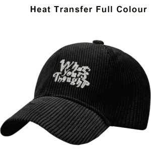 A black corduroy baseball cap featuring a logo on the front and a curved brim.