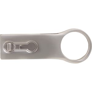 A silver USB flash drive with a circular end and a sliding cover, featuring a logo.