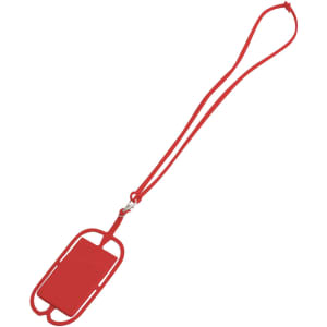 A red phone holder with a silicone lanyard, featuring a minimalist design and a logo.