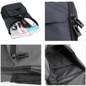 A navy business laptop backpack featuring multiple compartments, zippers, and a sleek design. Includes a logo.