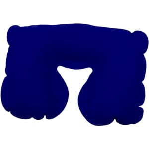 An inflatable travel pillow in navy blue, featuring a rounded design for comfort and support, with a logo present.