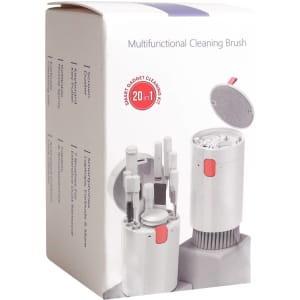 A multifunctional cleaning brush kit in a white and silver box. Contains various cleaning tools for technology devices.