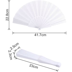 A white fabric hand-held fan with a folding design, featuring measurements of 41.7 cm by 22.8 cm when fully opened.