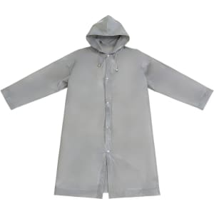 A grey reusable PEVA raincoat with a hood and buttons, featuring a logo on it.