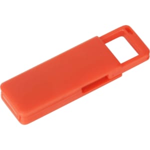 An orange flash drive with a click action mechanism and a rectangular shape. It features a slot for easy handling.