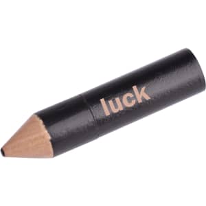 A black pencil-shaped flash drive with a wooden tip, featuring the word "luck" in a light colour.