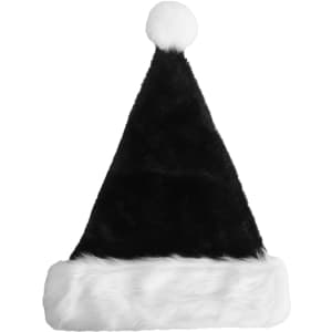 A plush Santa hat featuring a black top and a white fur trim with a pom-pom at the tip.