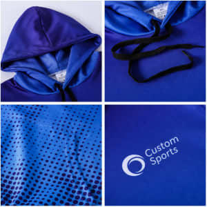 A unisex adults polyester spandex hoodie in shades of blue, featuring a pocket and a logo.