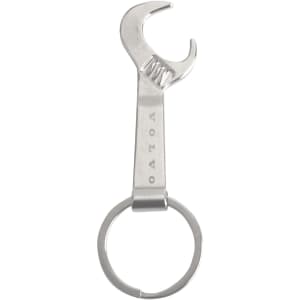 A drink bottle opener shaped like a wrench, made of metal with a silver finish, featuring a keyring attachment.