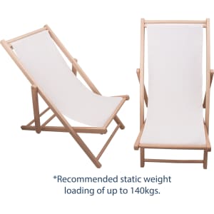 A beech frame beach chair with a white fabric seat, featuring an adjustable backrest. Includes a logo.