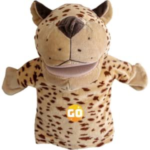 A plush leopard hand puppet in brown with black spots, featuring a smiling mouth and ears. It has a logo on it.
