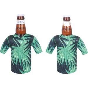 A drink bottle cooler in green with tropical leaf patterns, resembling a jersey, holding a bottle.