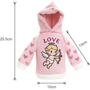 A drink bottle cover in pink with a hood, featuring hearts and an angel design. Includes a logo on the side.