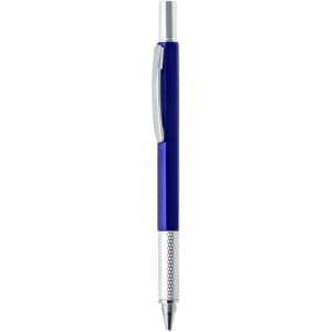 A blue multi-function pen with a silver grip and clip. It features a sleek metal design and includes a logo.
