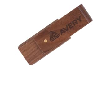 A wooden flash drive in a dark brown finish, featuring a branding logo.