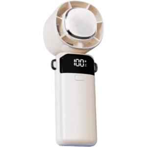 A portable cooling fan in white with a digital display and a phone stand feature.