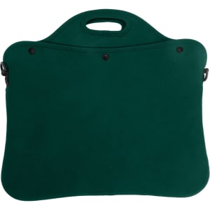 A green laptop bag with a handle, featuring a smooth exterior and snap buttons, suitable for carrying devices.