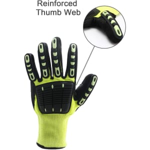 Heavy duty safety work gloves in black and fluorescent yellow, featuring a reinforced thumb web for extra durability.