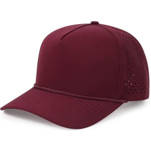 A maroon mesh back performance rope cap with a structured design and small ventilation holes on the sides.