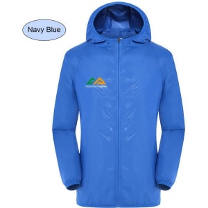 A navy blue unisex jacket made of 100% polyester, featuring a hood and a logo.