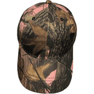 A camouflage cap in shades of brown and pink, featuring a six-panel design and a logo.