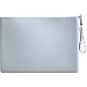 A white silicone cosmetic pouch with a zip and a wrist strap, featuring a discreet logo.