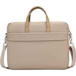 A beige laptop bag with gold handles, featuring a padded compartment and an adjustable shoulder strap.