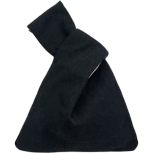 A black cotton wrist bag with a knotted top, featuring a simple design and a logo.