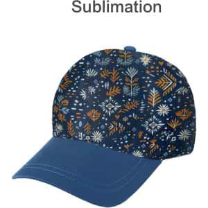 A blue and patterned 5 panel cap featuring floral designs in navy and orange tones, with a logo.