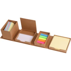 A folding cube sticky note memo holder featuring various coloured sticky notes and a cardboard design.