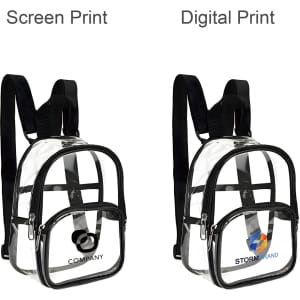 A clear mini backpack with black straps, featuring two printed designs and a zippered front pocket.