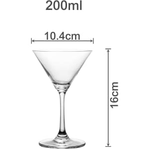 A clear glass martini glass with a cone-shaped bowl and a tall stem, measuring 16cm in height.