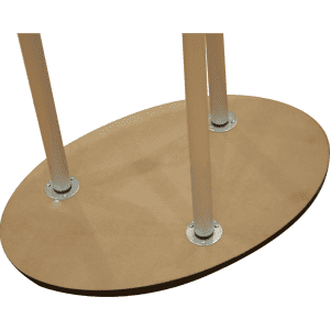 An oval base with light-coloured wood and metal supports, designed for an exhibitor booth setup.