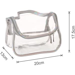 A transparent cosmetic bag with a silver trim, featuring a zip closure and a handle, measuring 20cm by 17.5cm by 13cm.