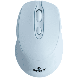 A light blue wireless mouse featuring a scroll wheel, a button, and a logo at the base.