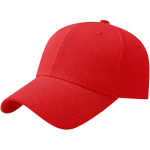 A red cotton baseball cap featuring a hard top and a curved brim, with a simple design and no visible logos.