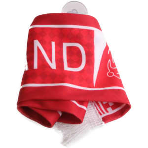 A red scarf with a suction cap, featuring a checkerboard pattern and a branding logo.