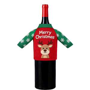 A drink bottle sleeve featuring a green and red Christmas-themed design with a reindeer and snowflakes.
